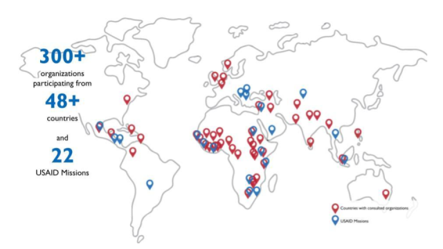 An outline of a world map pinpoints the locations of 22 USAID Missions and 48 countries represented by over 300 organizations who participated in consultations. 