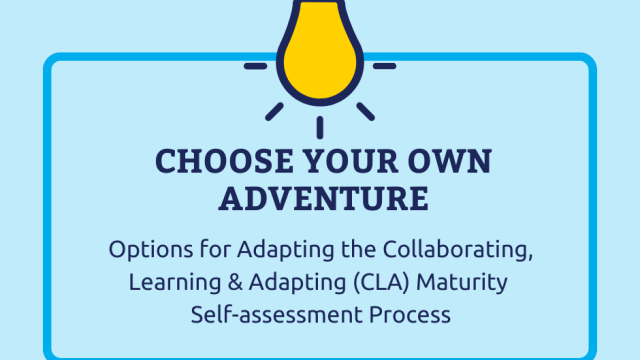 Graphic with a lightbulb and the text: Choose Your Own Adventure: Options for Adapting the Collaborating, Learning & Adapting (CLA) Maturity Self-assessment Process